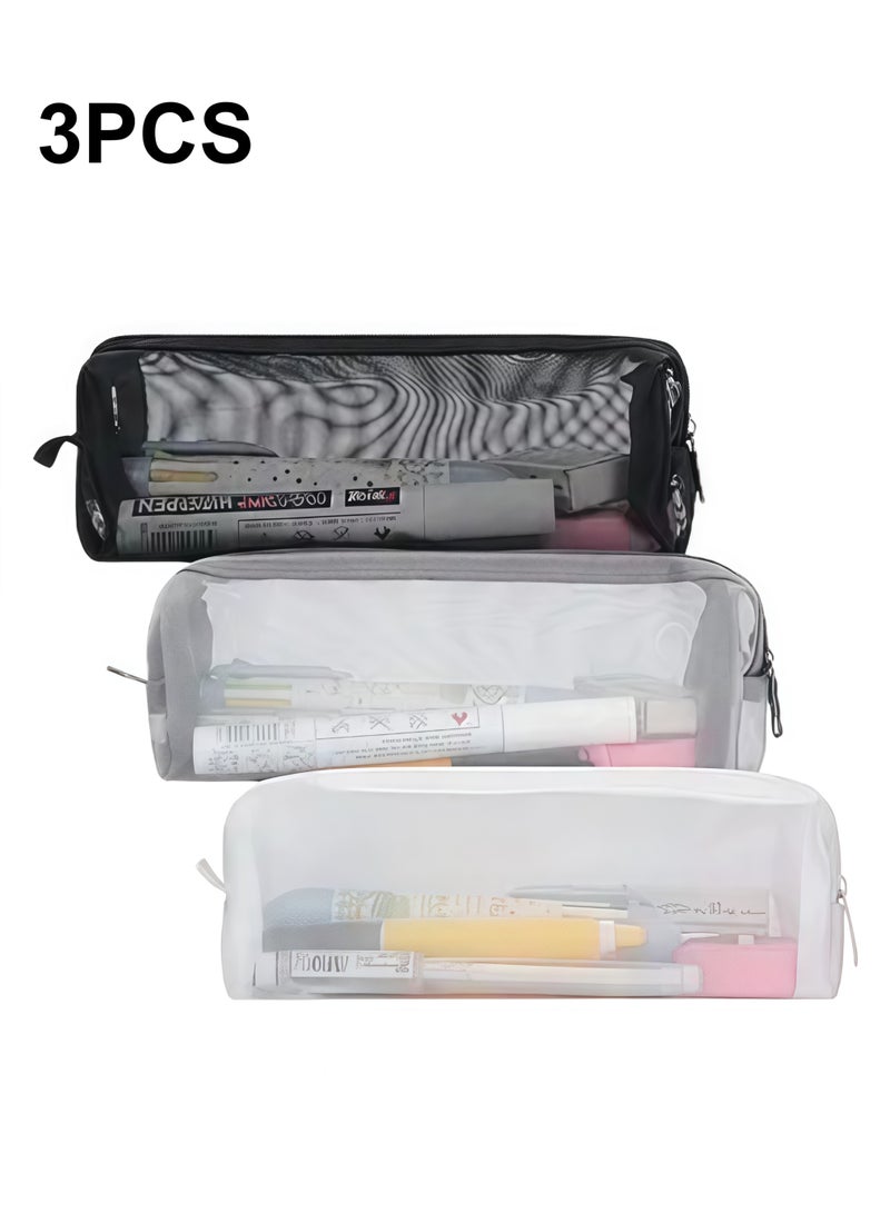 حقيبة أقلام شبكية، 3 عبوات من الحقيبة الشبكية بسحاب، حقيبة تخزين قرطاسية لتنظيم مقلمة شفافة متعددة الوظائف للوازم المكتبية ومستحضرات التجميل وإكسسوارات السفر - Image 1